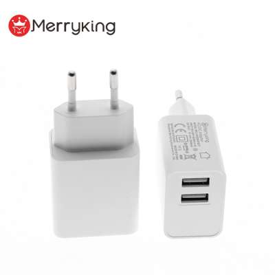 Merryking Euro plug wall charger US/EU plug 5V 2.4A wall adapter Mobile Phone travel charging Dual ports USB charger